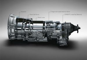 Το σύστημα του Lexus LS 600h. Παρατηρήστε την θέση του επικυκλικού μηχανισμού ανάμεσα στον ηλεκτροκινητήρα και στο Torsen.