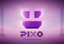 Purple teaser graphic for Nissan PIXO. A stylised pixelated smiley face glows against a purple gradient background above the PIXO logo. The text “23 September” appears beneath the logo, announcing the vehicle’s reveal date. The design uses pixel-inspired graphics and neon lighting effects.