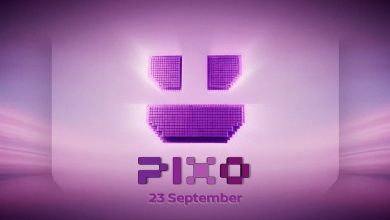 Purple teaser graphic for Nissan PIXO. A stylised pixelated smiley face glows against a purple gradient background above the PIXO logo. The text “23 September” appears beneath the logo, announcing the vehicle’s reveal date. The design uses pixel-inspired graphics and neon lighting effects.