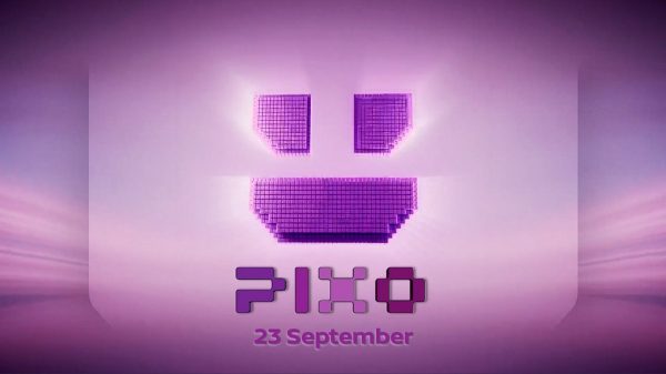 Purple teaser graphic for Nissan PIXO. A stylised pixelated smiley face glows against a purple gradient background above the PIXO logo. The text “23 September” appears beneath the logo, announcing the vehicle’s reveal date. The design uses pixel-inspired graphics and neon lighting effects.