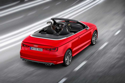 Fahraufnahme    Farbe: Misanorot     </br><font size="2"><b>Verbrauchsangaben Audi S3 Cabriolet:</b></br>Kraftstoffverbrauch kombiniert in l/100 km: 7,1; CO2-Emission kombiniert in g/km: 165</font>