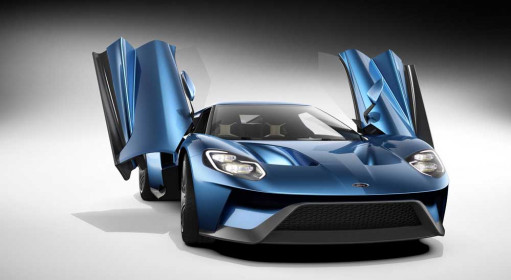 The purposeful interior on the all-new, two-seat, carbon-fiber, mid-engined Ford GT supercar is accessed by upward-swinging doors.