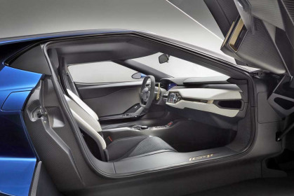 The purposeful interior on the all-new, two-seat, carbon-fiber, mid-engined Ford GT supercar is accessed by upward-swinging doors.