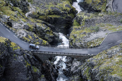 NORWAY. 2016. Trollstigen. 
The famous Trollstigen road, a series of switchbacks winding its way through a steep cliffside near Îâ¦ndalsnes.


Photographed on assignment from Land Rover.