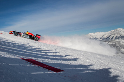 Max Verstappen performs during the F1 Showrun at the Hahnenkamm in Kitzbuehel, Austria on January 14, 2015