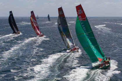 Team Telefonica lead the fleet, at the start of leg 9 of the Volvo Ocean Race 2011-12, from Lorient, France to Galway, Ireland. (Credit: IAN ROMAN/Volvo Ocean Race)