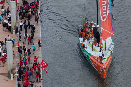 Groupama Sailing Team leaves the dock at the start of leg 9 of the Volvo Ocean Race 2011-12, from Lorient, France to Galway, Ireland. (Credit: IAN ROMAN/Volvo Ocean Race)