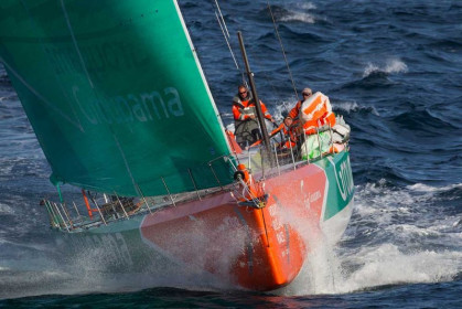 Damian Foxall helming Groupama Sailing Team, at the start of leg 9 of the Volvo Ocean Race 2011-12, from Lorient, France to Galway, Ireland. (Credit: IAN ROMAN/Volvo Ocean Race)