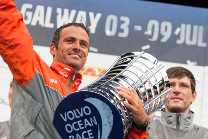 Groupama Sailing Team, skipper Franck Cammas from France, lifts the Volvo Ocean Race trophy, claiming first place overall in the Volvo Ocean Race 2011-12, at the final public prize giving, in Galway, Ireland, during the Volvo Ocean Race 2011-12. (Credit: IAN ROMAN/Volvo Ocean Race)
