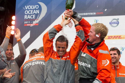 Groupama Sailing Team, skippered by Franck Cammas from France, first place overall in the Volvo Ocean Race 2011-12, at the final public prize giving, in Galway, Ireland, during the Volvo Ocean Race 2011-12. (Credit: IAN ROMAN/Volvo Ocean Race)