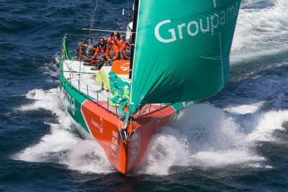 Groupama Sailing Team, skippered by Franck Cammas from France, at the start of leg 9 of the Volvo Ocean Race 2011-12, from Lorient, France to Galway, Ireland. (Credit: IAN ROMAN/Volvo Ocean Race)