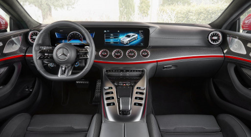 Mercedes-AMG GT 63 S E PERFORMANCE (4MATIC+) (Kraftstoffverbrauch gewichtet, kombiniert (WLTP): 8,6 l/100 km; CO2-Emissionen gewichtet, kombiniert: 196 g/km; Stromverbrauch gewichtet: 10,3 kWh/100 km); Exterieur: jupiterrot, AMG Carbon-Paket Exterieur, 53,3 cm (21") AMG Schmiederäder im 5-Doppelspeichen-Design, AMG Keramik Hochleistungs-Verbundbremsanlage; Interieur: Leder Exklusiv Nappa schwarz, Performance Lenkrad in Leder Nappa mit Lenkradtasten, AMG Performance Sitze, AMG Zierlemente Carbon;Kraftstoffverbrauch gewichtet, kombiniert (WLTP): 8,6 l/100 km; CO2-Emissionen gewichtet, kombiniert: 196 g/km; Stromverbrauch gewichtet: 10,3 kWh/100 km* Mercedes-AMG GT 63 S E PERFORMANCE (4MATIC+) (weighted, combined fuel consumption (WLTP): 8.6 l/100 km; weighted, combined CO2 emissions: 196 g/km; weighted electrical consumption: 10.3 kWh/100 km); exterior: jupiter red, AMG Exterior Carbon package, 53.3 cm (21-inch) AMG 5-twin-spoke forged wheels, AMG high-performance ceramic composite braking system; interior: exclusive leather nappa black , steering wheel in nappa leather black with steering wheel buttons, AMG performance seats, AMG carbon-fibre trim;Weighted, combined fuel consumption (WLTP): 8.6 l/100 km; weighted, combined CO2 emissions: 196 g/km; weighted electrical consumption: 10.3 kWh/100 km*