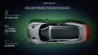 Mercedes-Benz VISION EQXX: Ultradünne Dachpaneele speisen das Batteriesystem und sorgen für bis zu 25 km zusätzliche Reichweite.
Mercedes-Benz VISION EQXX: Ultra-thin roof panels feed the battery system for up to 25 km of extra range.