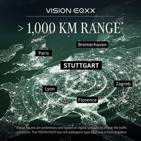 Mercedes-Benz VISION EQXX: Mehr als 1.000 km (über 620 Meilen) mit einer einzigen Batterieladung auf öffentlichen Straßen ermöglichen entspannte Langstreckenfahrten. Mercedes-Benz VISION EQXX: More than 1,000 km (over 620 miles) on a single charge on public roads puts an end to range anxiety.