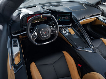Overhead view of Natural Tan Interior on the 2024 Chevrolet Corvette E-Ray 3LZ convertible. Pre-production model shown. Actual production model may vary. Model year 2024 Corvette E-Ray available 2023.